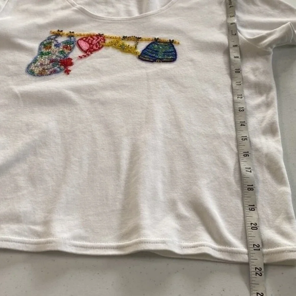 PARADISO Clothes Line Beaded Short Sleeve Cropped Tee Top Cotton Scoop Neck Cute - Picture 7 of 11